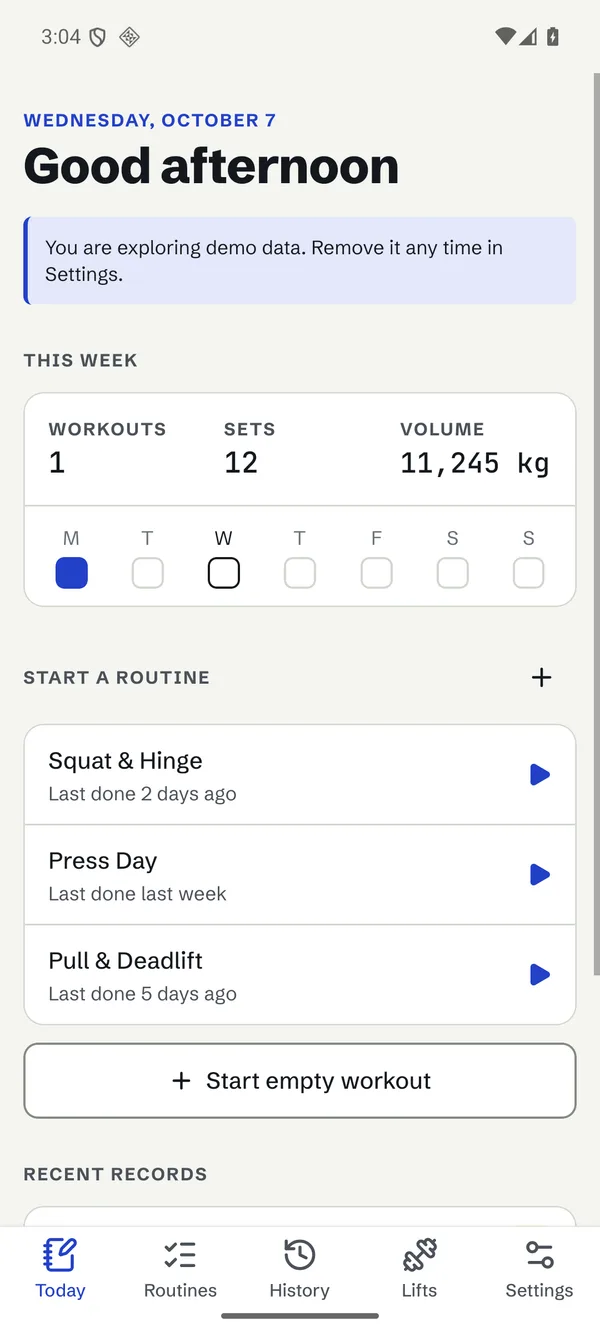 Repkivo Today screen on Android: this week's workouts, sets and volume, and routines to start