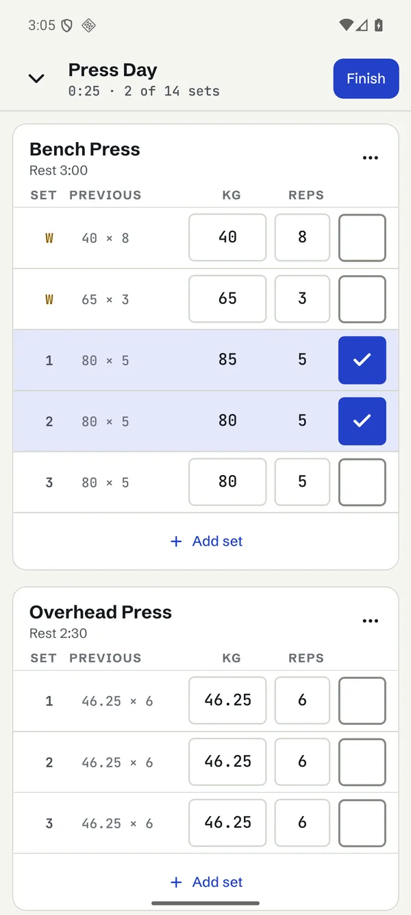 Workout screen on Android