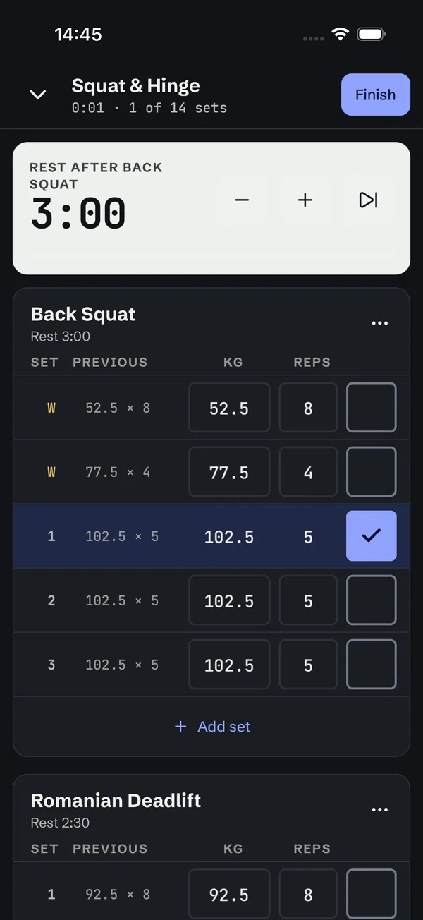 Workout screen in dark mode