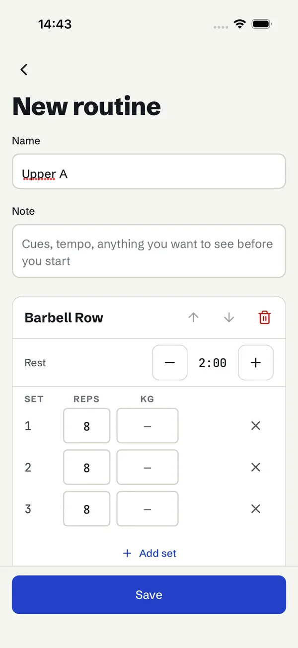 Routine editor with a Barbell Row card, rest stepper and target set rows