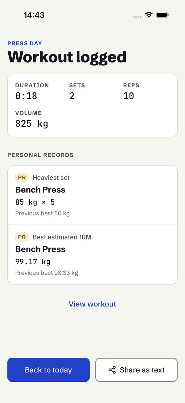 Workout summary with duration, sets, volume and the personal-records section